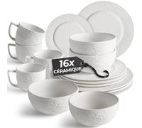 MIAMIO - Service de Table 16 Pièces Céramique - Vaisselle Moderne pour 4 Personnes - Assiettes, Bols et Tasses Blanc - Collection Oasis, Compatible Lave-vaisselle et Micro-ondes
