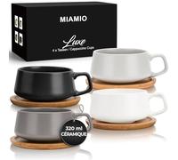 MIAMIO - Set 4 tasses cappuccino céramique (4×280 ml) - Luxe (Gris pierre) | Tasses à café en céramique avec soucoupes, larges tasses cappuccino pour café et latte, set de 4, lave-vaisselle