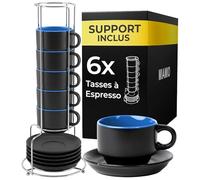 MIAMIO Set 6 tasses à espresso 75 ml avec soucoupes Le Papillon (Bleu) | Tasses à espresso en céramique avec soucoupes et support, set de 6 pour cafés espresso et moka, lavables au lave-vaisselle