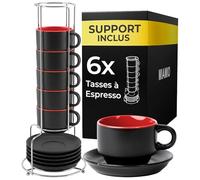 MIAMIO Set 6 tasses à espresso 75 ml avec soucoupes Le Papillon (Rouge) | Tasses à espresso en céramique avec soucoupes et support, set de 6 pour cafés espresso et moka, lavables au lave-vaisselle