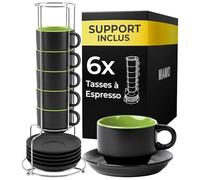 MIAMIO Set 6 tasses à espresso 75 ml avec soucoupes Le Papillon (Vert) | Tasses à espresso en céramique avec soucoupes et support, set de 6 pour cafés espresso et moka, lavables au lave-vaisselle