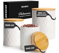 MIAMIO - Set de 3 boîtes de conserve pour le comptoir de cuisine, boîte de conserve en céramique avec couvercle en bois hermétique - parfait pour le café, le thé, le sucre, la farine, le thé (Blanc)