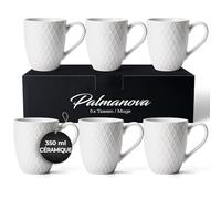 MIAMIO Set de 6 grandes tasses à café en céramique 350 ml Palmanova (Blanc) | Grandes tasses à café en céramique pour cappuccino, thé et latte macchiato, set de 6, en grès, lavables au lave-vaisselle
