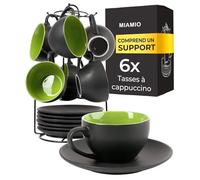 MIAMIO Set de 6 tasses à cappuccino en céramique 175 ml Le Papillon (Vert) | Set de 6 tasses à cappuccino en céramique avec support et soucoupes, tasses pour cappuccino, lavables au lave-vaisselle