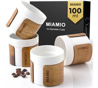 MIAMIO - Set de Tasses à Espresso de 4 (100 ml) Tasses de Thé Japonais en Céramique/Tasses Sans Poignée avec Manchon en Bois Amovible/Tasses à Café Sans Poignée (Blanc)