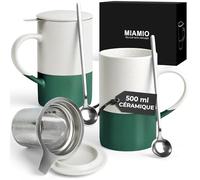 MIAMIO - Set de tasses à thé 2 x 500 ml avec infuseur et couvercle/Tasse de thé en céramique avec infuseur et cuillère pour l'infusion de thé en feuilles (Vert foncé)