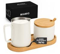 MIAMIO - Set pot à lait et sucrier avec plateau en bambou (Blanc) | Pot à lait 330 ml et sucrier 270 ml avec plateau bambou et cuillère pour café, thé, petit-déjeuner - passe au lave-vaisselle