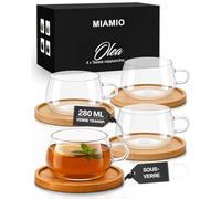 MIAMIO - Tasse à Thé en Verre Lot de 4, Tasse Cappuccino 280 ml, Verre Borosilicate Soufflé Bouche, Tasse Café Latte Matcha, Mug en Verre, Sous-Tasse Bambou - Olea (Transparent)