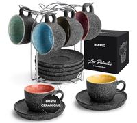 MIAMIO - Tasses à espresso empilables en céramique de 80 ml avec soucoupes et support en métal, ensemble de 6 demitasse pour latte café moka et thé - Collection Las Palmitas