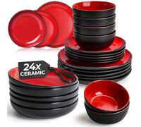 MIAMIO - Vaisselle céramique 24 pièces - Le Papillon (Rouge) | Service de table en grès pour 6 personnes, grandes et petites assiettes, bols et tasses, lave-vaisselle