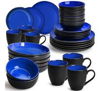 MIAMIO - Vaisselle céramique 30 pièces - Le Papillon (Bleu) | Service de table en grès pour 6 personnes, grandes et petites assiettes, bols et tasses, lave-vaisselle