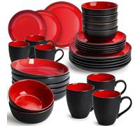 MIAMIO - Vaisselle céramique 30 pièces - Le Papillon (Rouge) | Service de table en grès pour 6 personnes, grandes et petites assiettes, bols et tasses, lave-vaisselle
