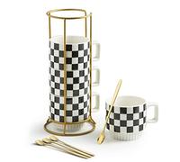 Miamolo Lot de 4 tasses à café empilables avec support de 325 ml avec petite cuillère pour café, thé, cacao, lait de cacao, motif à carreaux noirs et blancs pour pendaison de crémaillère