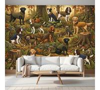 MIATCENRT Papier Peint Panoramique Chiens De Chasse Forêt Automne, Murales Panoramique Illustration D'Animaux Vert Olive Papier Peint Muraux Soie Pour Chambre d'enfant Décoration Murale 350x256cm