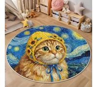 MIATCENRT Tapis Rond Chambre d'enfant avec Chat Orange sous Étoilé Motifs Peinture l'huile d'animaux, Tapis de Sol Décoration Antidérapant, Entretien Facile, pour Salon Chambre, Jaune Bleu, 180cm
