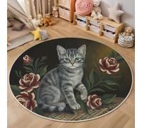 MIATCENRT Tapis Rond Chambre d'enfant avec Chat Tigré Rose Motifs Animaux Peints À l'huile, Tapis de Sol Décoration Antidérapant, Entretien Facile, pour Salon Chambre, Gris, 180cm