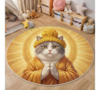 MIATCENRT Tapis Rond Chambre d'enfant avec Chat Zen Motifs Animaux Rétro, Tapis de Sol Décoration Antidérapant, Entretien Facile, pour Salon Chambre, Or, 120cm