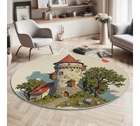 MIATCENRT Tapis Rond Salon 160cm Poils Courts pour Chambre Cuisine Intérieur, Illustration De Château Tour Rétro Antidérapant & Doux Flanelle Tapis Rond Décoratif, Beige