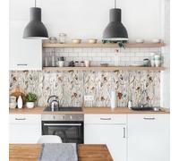 micasia Crédence de cuisine adhésive imperméable fleurs sans joint revêtement mural prairie fleurie film rigide mat beige fond de hotte style vintage 2297 (50x100cm)