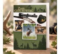 Michel Verlag Carte de vœux élégante pour la chasse, chasseur, buisson, corne de chasse, corne de chasse, amoureux de la nature. Carte pliante avec gaufrage en film d'aluminium, format 12 x 17 cm