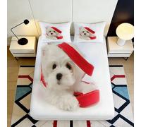 Microfiber Doux imprimé 3D Chiot Blanc Santa Hat Fitted Sheet Protection Matelas Cadeau Maison Chambre fête décoration 90x200x25cm