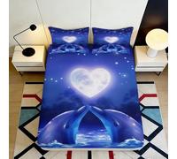 Microfibre Bleu Dauphin Drap-Housse Lune Cœur Impression 3D Protection Matelas pour Cadeaux Maison Mariage 90x200x25cm