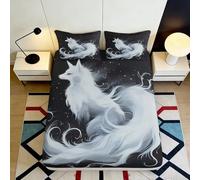 Microfibre dou Housse de Matelas Renard Blanc, 3D Printed, Anti-Glisse, Facile à Laver, Cadeau Pendaison ou Anniversaire, décoration Chambre, Noir 160x200x25cm