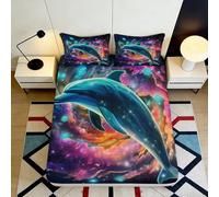 Microfibre Douce Bleu Violet Drap-Housse Dauphin 3D Printed Cosmic Nebula Protège-Matelas pour Cadeaux Maison Mariage Anniversaire 90x200x25cm