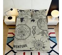 Microfibre Douce Carte du Monde Vintage Drap-Housse Impression 3D Boussole Aventure Couvre-lit pour Chambre Cadeau 90x200x25cm