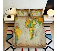 Microfibre Douce Carte du Monde Vintage Drap-Housse Impression 3D, Protection Matelas Décor Géographique pour Chambre Cadeau 90x200x25cm