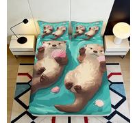 Microfibre Douce Drap-Housse Loutre Dessin animé Impression 3D Couverture de lit Chambre Cadeau Pendaison de crémaillère Anniversaire 90x200x25cm