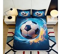 Microfibre Douce Football enflammé Drap-Housse Impression 3D Couverture de lit Bleu Profond pour Cadeaux Maison Chambre 90x200x25cm