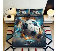 Microfibre Douce Football Flamme Feu Drap-Housse 3D imprimé Bleu Housse de Matelas Décoration Chambre Cadeau Polyvalent 90x200x25cm