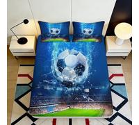 Microfibre Douce Football Splash Bleu Housse de Matelas 3D imprimée Terrain de Stade Drap pour Chambre Cadeau Sport Décor 90x200x25cm