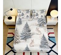 Microfibre Douce Forêt de pins enneigée Drap-Housse Impression 3D Lapin d'hiver Protection lit Cadeau Maison Chambre 90x200x25cm
