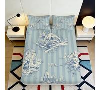 Microfibre Douce Housse de Matelas, Impression 3D, Bed Sheet, Rayures Paysage, Entretien Facile, antidérapant, Set literie Cadeau, Chambre, Bleu, 160x200x25cm