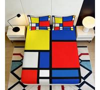 Microfibre Douce Housse de Matelas Style Mondrian 3D Printed Motif Géométrique Coloré Bed Sheet pour Cadeau Maison Mariage Anniversaire Décoration 90x200x25cm
