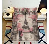 Microfibre Douce Impression 3D Tour Eiffel Paris Drap Housse Rue Romantique Rose Bed Cover Lavable Décor Chambre Cadeau 90x200x25cm