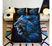 Microfibre Douce Lion Bleu Fitted Sheet Impression 3D Housse de Matelas Décor Rugissement Sauvage Cadeau Maison Mariage 90x200x25cm