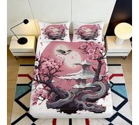 Microfibre Douce Sakura Moon Drap-Housse Impression 3D pagode Japonaise Rose Housse de Matelas Décor Chambre Protection 90x200x25cm