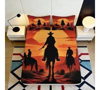 Microfibre Douce Silhouette Cowboy Housse de Matelas Impression 3D Western Sunset Lavable Cadeau Chambre Maison 90x200x25cm