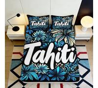 Microfibre Douce Tahiti Fitted Sheet Impression 3D Fleurs Tropicales Bleu Bed Cover Cadeau Maison Chambre dortoir 90x200x25cm