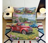 Microfibre Douce Vintage Camion Rouge Fitted Sheet Impression 3D Grange Bleue Mattress Cover pour Cadeau Chambre Salon 90x200x25cm