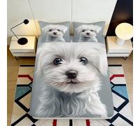 Microfibre Douce White Puppy Fitted Sheet Impression 3D Housse de Matelas Chien Gris pour Cadeau Maison Mariage Anniversaire 90x200x25cm