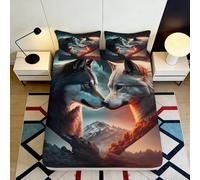 Microfibre Douce Wolf Moon Drap-Housse Impression 3D Fire Sunset Protège-Matelas décoratif Chambre Cadeau Maison Anniversaire 90x200x25cm
