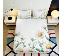 Microfibre Doux Daisy Floral Fitted Sheet Impression 3D Housse de Matelas Camomille décoration Chambre Cadeau Maison 90x200x25cm