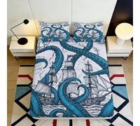 Microfibre Doux Kraken Ship Drap-Housse imprimé 3D Tentacules Nautiques Housse de Matelas pour Cadeaux Maison Mariage Anniversaire 90x200x25cm