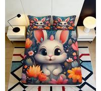 Microfibre Doux Lapin Mignon Drap-Housse imprimé 3D Fleurs Couverture de lit pour Chambre Cadeau fête déménagement 90x200x25cm