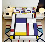Microfibre Doux Motif Mondrian Housse de Matelas 3D Printed Bloc de Couleur Protection Lit Cadeau Maison Mariage 90x200x25cm