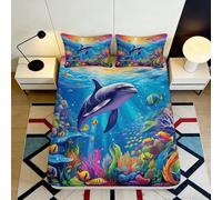 Microfibre Doux Océan Dauphin Drap-Housse 3D Imprimé Corail Coloré Protège-Matelas pour Cadeaux Maison Mariage Anniversaire 90x200x25cm